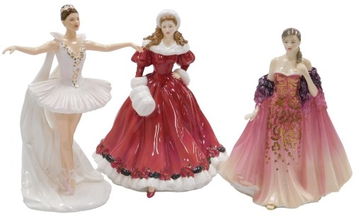 A Coalport porcelain figure modelled as Dame Margot Fonteyn, as Cinderella, limited edition for Compton Woodhouse, together with two Royal Doulton figures, modelled as Elizabeth HN5034, and A Christmas Morning HN4894. (3)