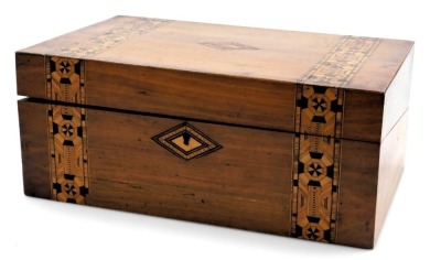 A Victorian walnut and inlaid writing slope, the hinged lid opening to reveal a leather slope and fitted interior, 14.5cm high, 34.5cm wide, 22cm deep, together with a late 19thC Continental wall shelf, with a Gothic mirrored back, 43cm high. (2) - 3