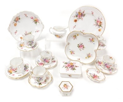 A group of Royal Crown Derby Derby Posies porcelain tablewares, including coffee cups and saucers, a cream jug, boxes and covers, and plates, some seconds. (qty)