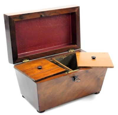 A Regency mahogany sarcophagus form tea caddy, the hinged lid opening to reveal two lidded compartments, raised on bun feet, with key, 22.5cm wide. - 2