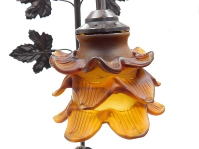 An Art Nouveau style plaster figural table lamp, with a triple layered amber glass floral shade, 69cm high. - 3