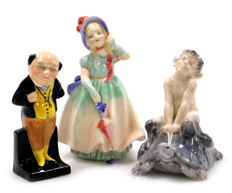 A Royal Doulton figure modelled as Babie HN1679, Royal Copenhagen porcelain figure of a faun riding a tortoise, number 858, printed and painted marks, and a Royal Doulton Dickens figure modelled as Pickwick. (3)(AF)