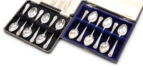 A set of six George VI silver teaspoons, cased, Birmingham 1944, 2.24oz, together with a set of six silver plated teaspoons, cased. (2)