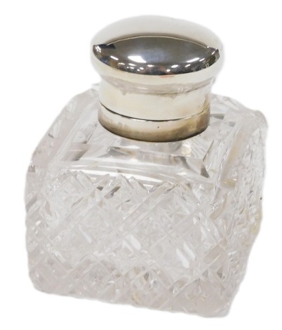 A Victorian cut glass and silver mounted inkwell, with a hinged lid, Matthew John Jessop, London 1894, 7.5cm wide. (AF)