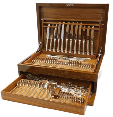 A mid century Cooper Brothers silver plated canteen of cutlery, six place settings, 93 pieces, including extras, in a fitted oak case.