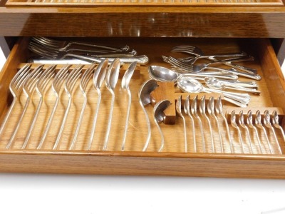 A mid century Cooper Brothers silver plated canteen of cutlery, six place settings, 93 pieces, including extras, in a fitted oak case. - 4