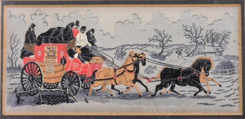 A copy of a 19thC Stevengraph "Royal Mail", framed and glazed, 7cm x 15cm.