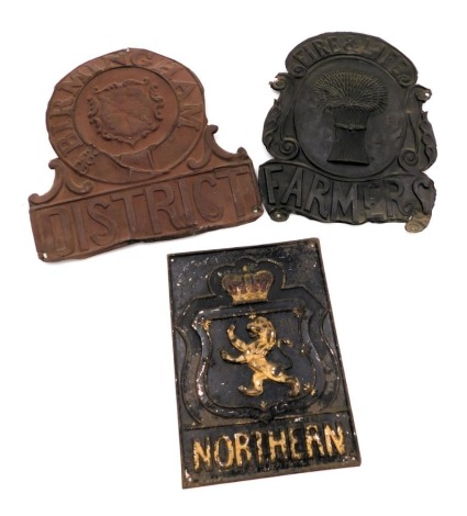 Three 19thC tin fire insurance marks, comprising Farmers Fire & Life, Birmingham District, and Northern.