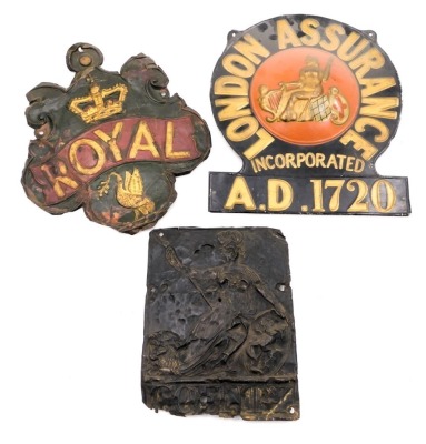 Three 19thC tin fire insurance marks, comprising London Assurance, County, and Royal.