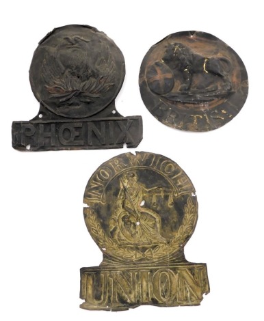 Three 19thC tin fire insurance marks, comprising Norwich Union, British, and Phoenix.