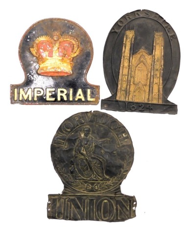 Three 19thC tin fire insurance marks, comprising Imperial, Yorkshire, and Norwich Union.