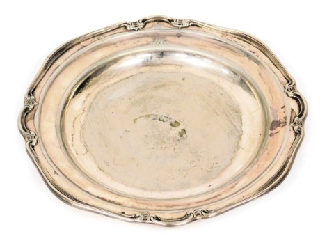 A late 19thC silver plated salver by Dodd of Cornhill London, engraved with a monogram beneath a coronet of a Baron, impressed marks, 35cm wide.