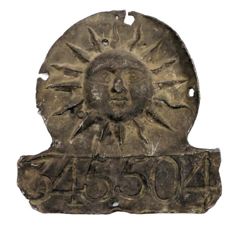 A 19thC Sun Alliance lead fire insurance mark, number 345504, 17.5cm wide.