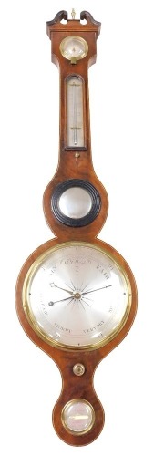 A 19thC mahogany cased wheel barometer, by L Sotcha of Hull, silvered dial, with thermometer, dry damp dial, and central mirror, the case with boxwood line inlay, 99cm high.