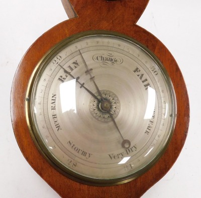 A 19thC mahogany wheel barometer, by Green of Grantham, with a silvered dial, thermometer, and spirit level, the case with boxwood line inlay, 96cm high. - 2