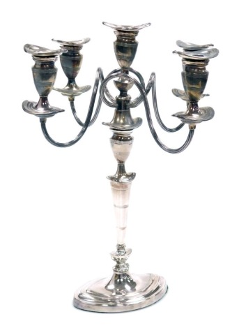 An early 20thC Adam style silver plated five branch candelabrum, 43cm high.