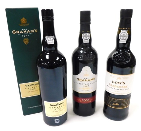 A bottle of Graham's Crusted port 2013, boxed, Dow's Trademark Finest Reserve port, and Graham's Late Bottled Vintage port. (3)