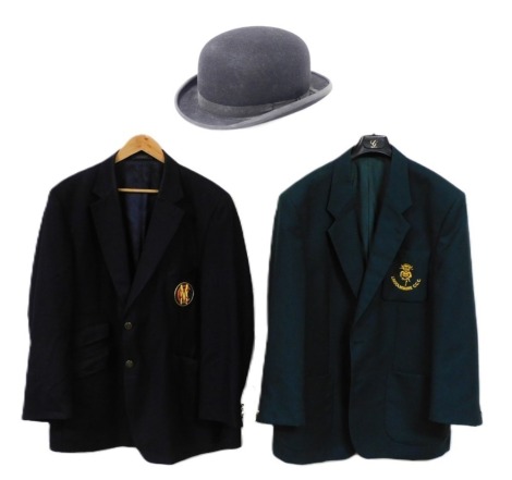 A Lincolnshire Cricket Club blazer, with badge, Crombie blue blazer with a Marylebone Cricket Club (MCC) badge, and a Lock & Co black bowler hat, size 7 3/8. (3)