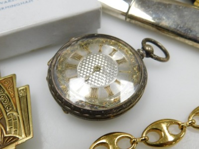 Silver and costume jewellery, including a late 19thC silver pocket watch, micro mosaic brooch, enamel shamrock brooch, Art Deco silver brooch with enamel decoration, rings etc. (qty) - 4