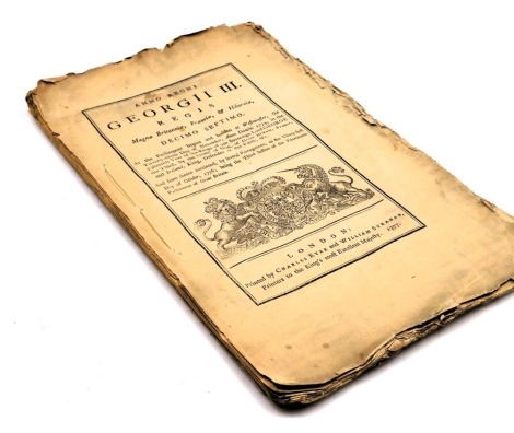 A George III Act of Parliament, for dividing and inclosing the open common fields, meadows, dales and common fen, within the parish on Billinghay, in the county of Lincoln, and for draining and preserving the said dales and common fen, and also certain en