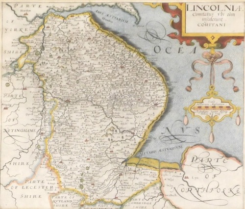 After Christopher Saxton (English, 1540-1610). Lincolniae, a hand coloured engraving of the county of Lincolnshire by William Kip, 29.5cm x 35cm.