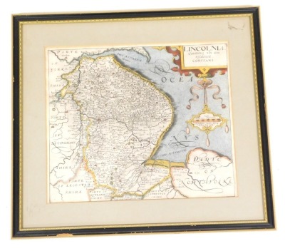 After Christopher Saxton (English, 1540-1610). Lincolniae, a hand coloured engraving of the county of Lincolnshire by William Kip, 29.5cm x 35cm. - 2