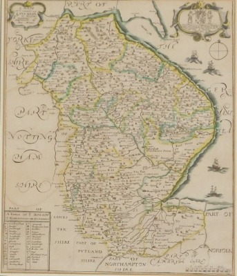 After Richard Blome (English, 1635-1705). A map of Y County of Lincolne, with its divisions and hundreds, and a table of y division & wapontacks or hundreds, hand coloured engraving, 32cm x 27cm.