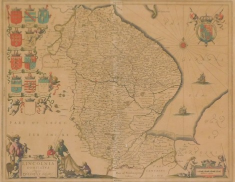 A New Mapp of Lincoln shire, copied from Jannsson's Novus Atlas of 1646, with ten coats of arms, hand coloured, 41.5cm x 51.5cm.