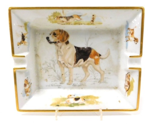 A Hermes porcelain ashtray, decorated with hunting dogs, designed by C. de Panceraux, printed marks, 19cm wide.