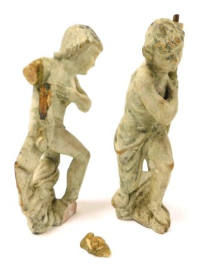 A pair of 17thC cream painted pine furniture appliques, modelled as putti, 22cm high. - 4