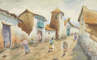 Peruvian School (20thC). Street scene with figures, watercolour, monogrammed, 31.5cm x 48.5cm.