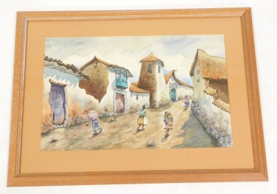 Peruvian School (20thC). Street scene with figures, watercolour, monogrammed, 31.5cm x 48.5cm. - 2