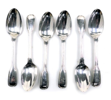 A set of six Victorian Fiddle and Thread pattern silver dessert spoons, initial engraved, William Theobalds, London 1841, 10.67oz.