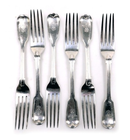 A set of six Victorian Fiddle and Thread pattern silver table forks, engraved with a coronet above a rose of England, Chawner & Company, London 1846, 17.15oz.