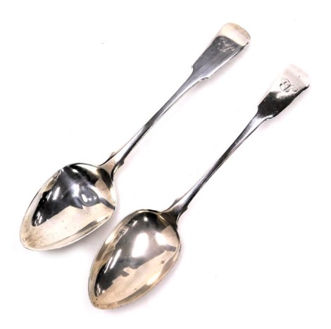 A pair of George III silver Old English pattern tablespoons, monogram engraved, Peter and William Bateman, London 1810 and 1812, 3.70oz.