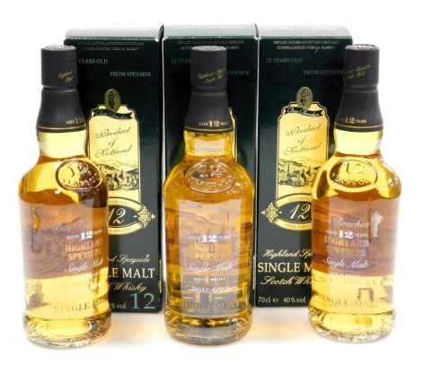 Three bottles of Ben Bracken twelve year old single malt whisky, from Speyside, 70cl, boxed.