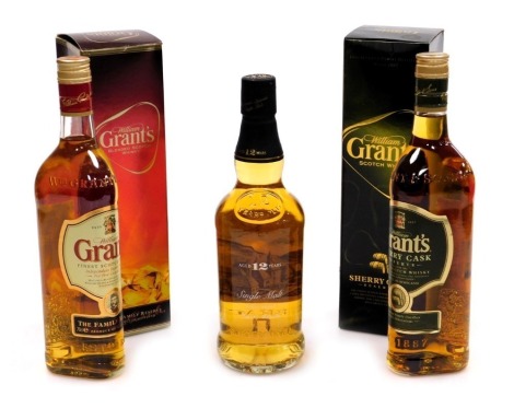 A bottle of William Grant's blended scotch whisky, the family reserve, 70cl, sherry cask reserve whisky 70cl, both boxed and a bottle of Ben Bracken twelve year old single malt whisky 70cl. (3)