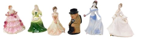 Four Coalport porcelain miniature ladies, comprising Gwen, Lorna, Valentine Debutante Loves Dream, Devotion and Floral Miniatures Lady Hannah, together with a Royal Doulton small character jug modelled as Winston Churchill. (6)