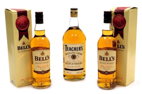 Two bottles of Bell's Finest Old scotch whisky, 70cl, boxed, together with a bottle of Teachers Highland Cream scotch whisky, 1ltr.