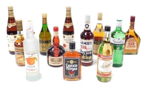 A group of spirits, including Lamb's Navy rum, Jaques Marron Napoleon brandy, Grand Marnier, peach schnapps, Thunderbird, and Bacardi. (12)