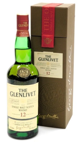 A bottle of the Glenlivet single malt scotch whisky, aged twelve years, boxed.