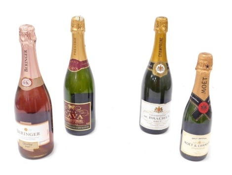 A bottle of Champagne de Bracieux, Beringer sparkling rosé, Prestige brut cava and half bottle of Moet & Chandon champagne. (4)