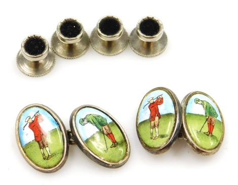 A pair of silver and enamel double oval and chain link cufflinks, decorated with golfers, together with four shirt studs.