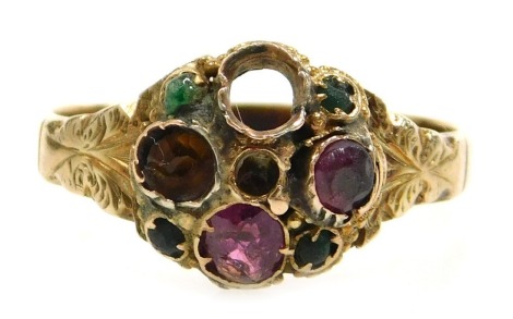 A Victorian ruby and emerald set ring, in yellow metal stamped 15ct, size R, 3.3g. (AF)