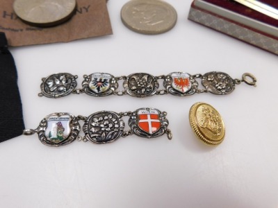 Silver and costume jewellery, including a gentleman's carnelian set pair of cufflinks with matching tie pin, gold plated tie slide, and an Austrian commemorative bracelet, together with a hip flask, travelling manicure set, commemorative crowns etc. (qty) - 5