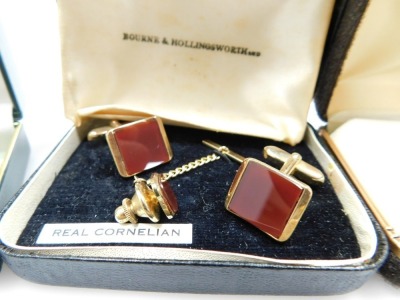 Silver and costume jewellery, including a gentleman's carnelian set pair of cufflinks with matching tie pin, gold plated tie slide, and an Austrian commemorative bracelet, together with a hip flask, travelling manicure set, commemorative crowns etc. (qty) - 6