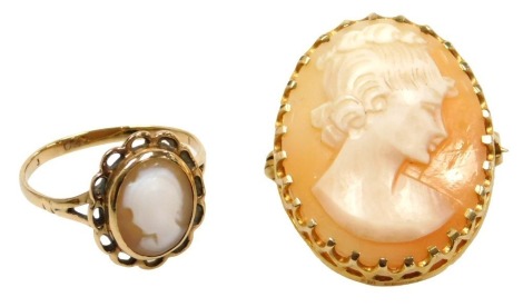 A shell cameo ring, bust portrait of a lady, set in yellow metal, size I/J, together with a 9ct gold and shell cameo brooch, bust portrait of a lady, 5.8g.