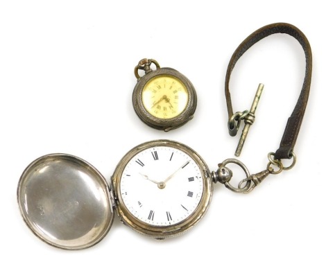 A Victorian gentleman's hunter pocket watch, key wind, circular enamel dial bearing Roman numerals, fusee movement by Camozzi & Son Bicester, the case with engine turned decoration, monogram shield and garter reserve, London 1875, on a leather strap, toge