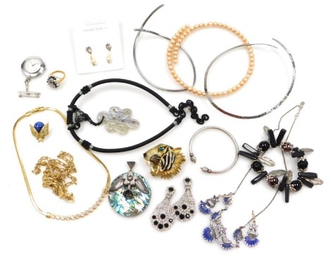 Silver and costume jewellery, including a torc, a brooch formed as a tiger's head, Swarovski crystal necklace, and a Dutch silver enamel and paste set necklace and earrings. (qty)