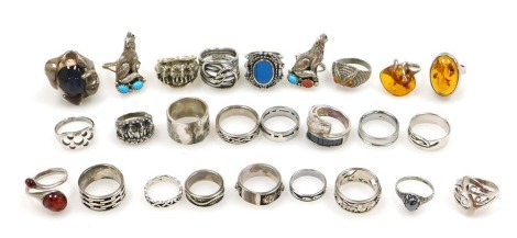 Assorted silver rings, some stone or amber set, various styles. (qty)